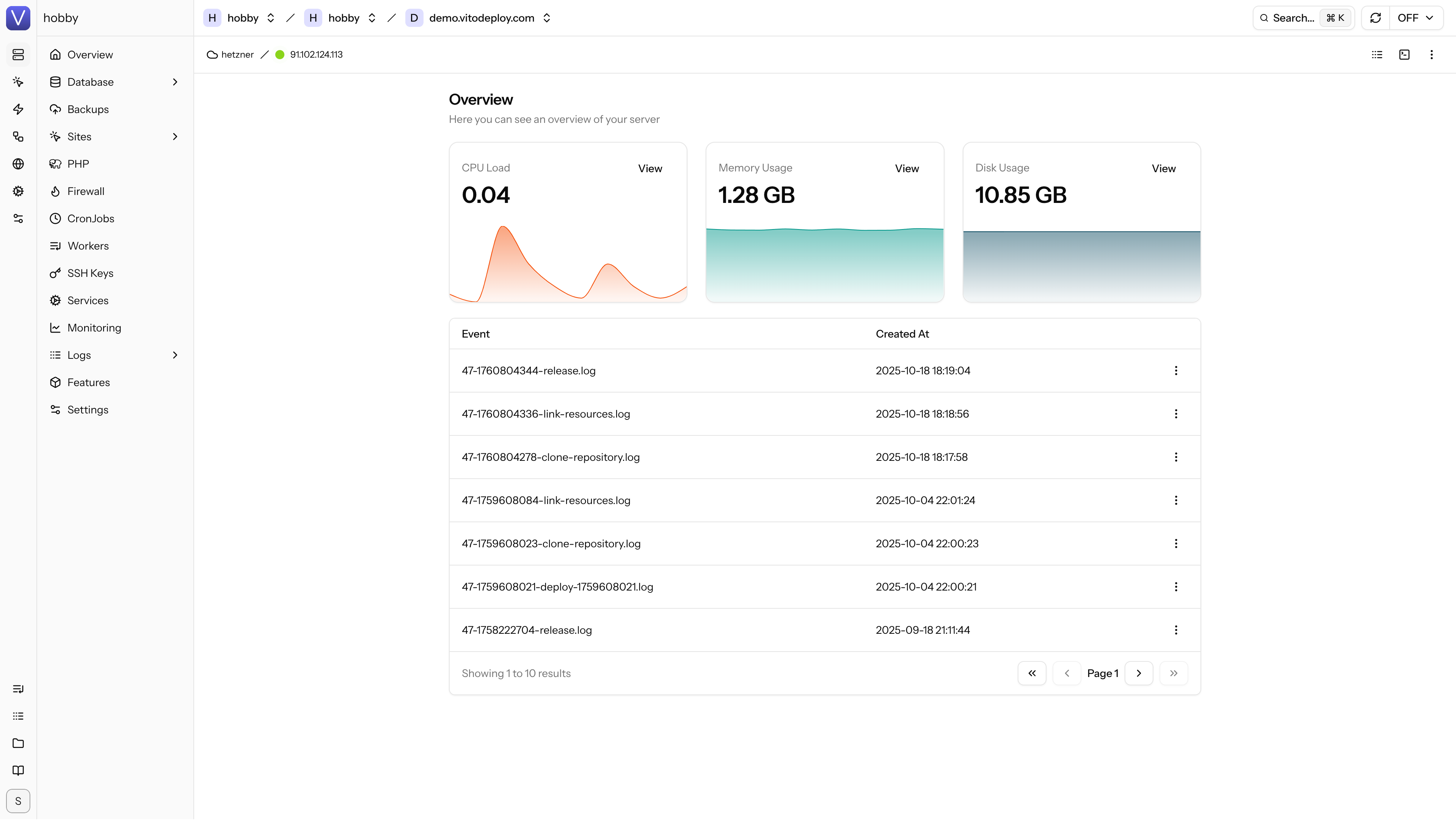 VitoDeploy Dashboard